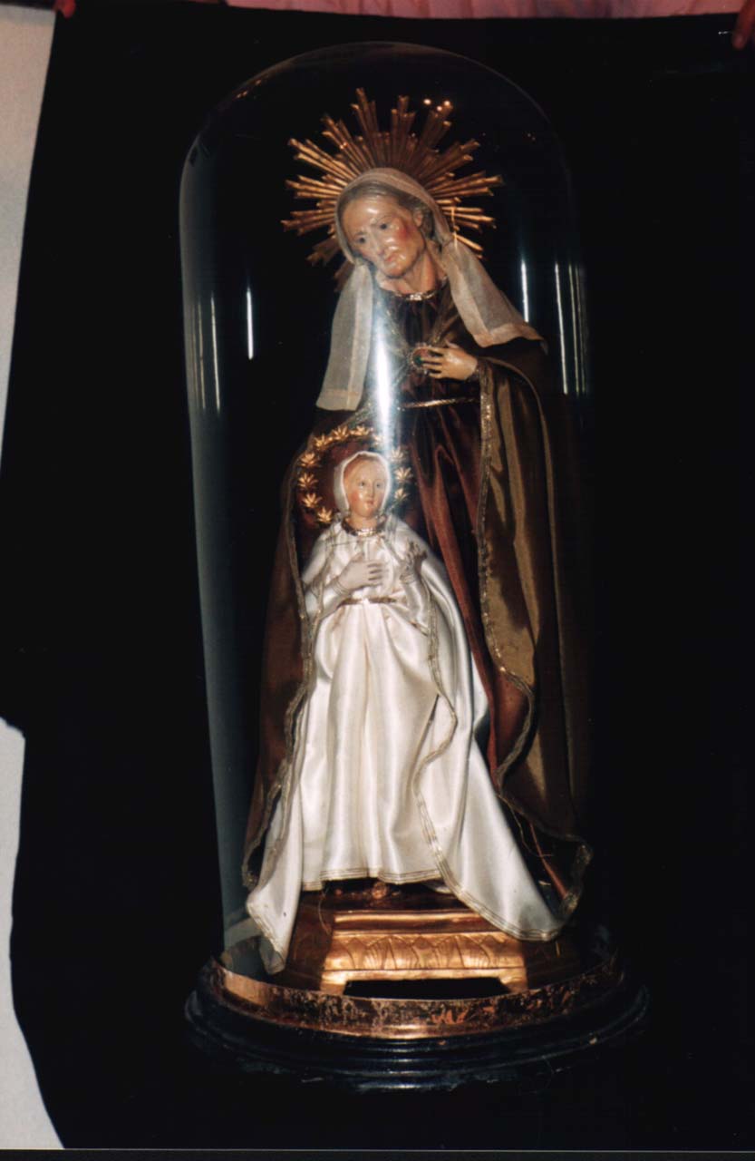 Maria vergine bambina e sant'anna (statuetta devozionale sotto campana di vetro)
