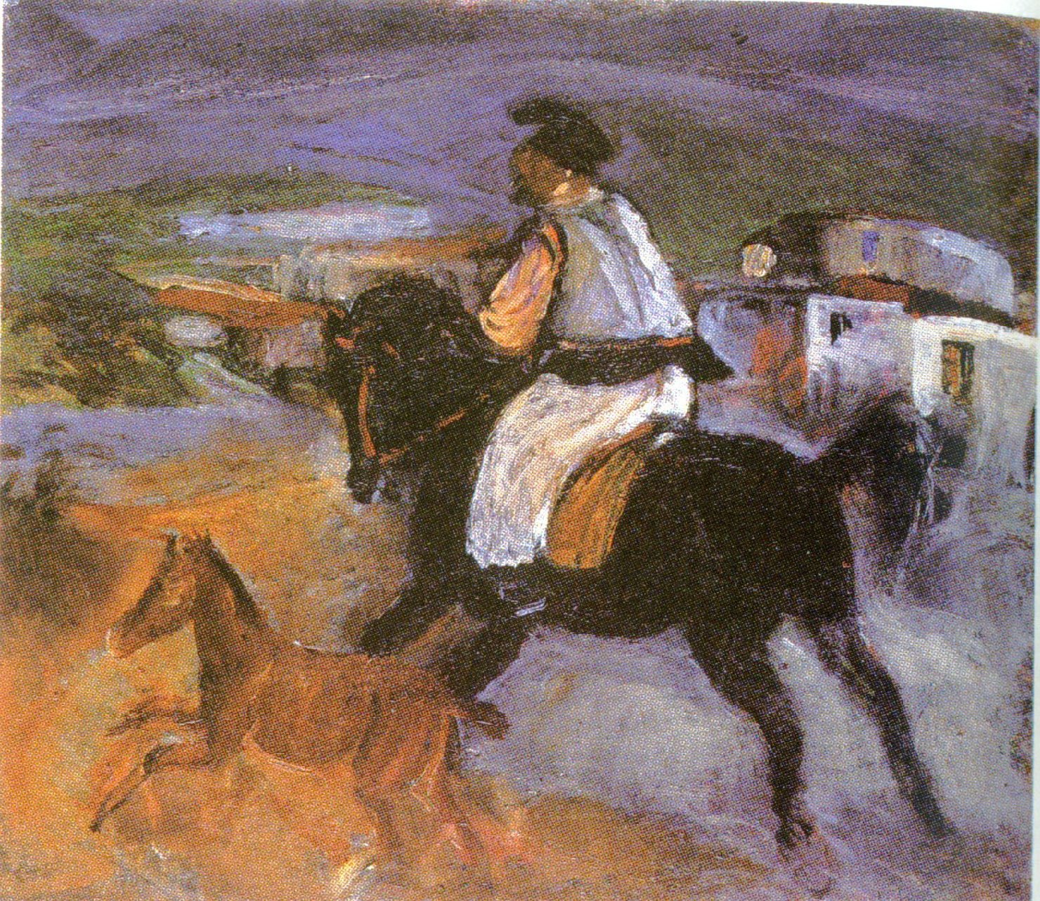 giovane a cavallo (dipinto) di Melis Melkiorre (metà sec. XX)