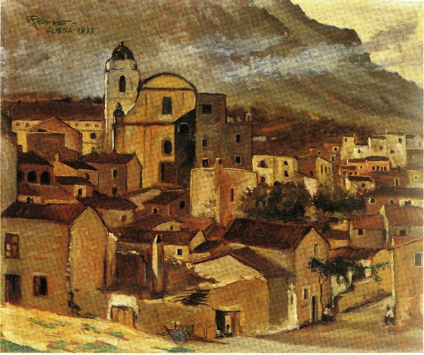 Paesaggio di Oliena, paesaggio urbano (dipinto) di Branca Remo (secondo quarto sec. XX)