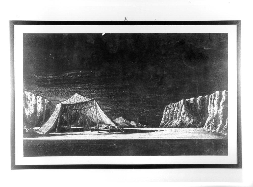 accampamento e rocce (disegno, elemento d'insieme) di Miglioli Giovanni (sec. XX)