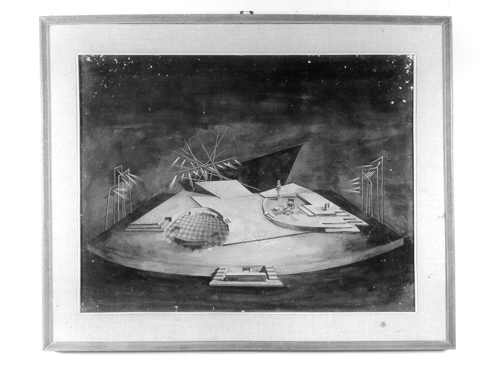palco con vari ambienti e tralicci per le luci (disegno, elemento d'insieme) di Scandella Misha (sec. XX)