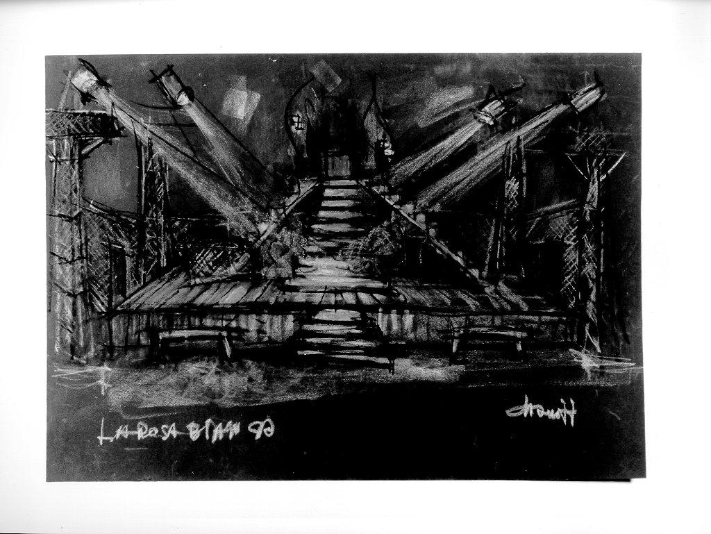 palco con scale, panche, tralicci con fari (disegno, elemento d'insieme) - bottega italiana (sec. XX)