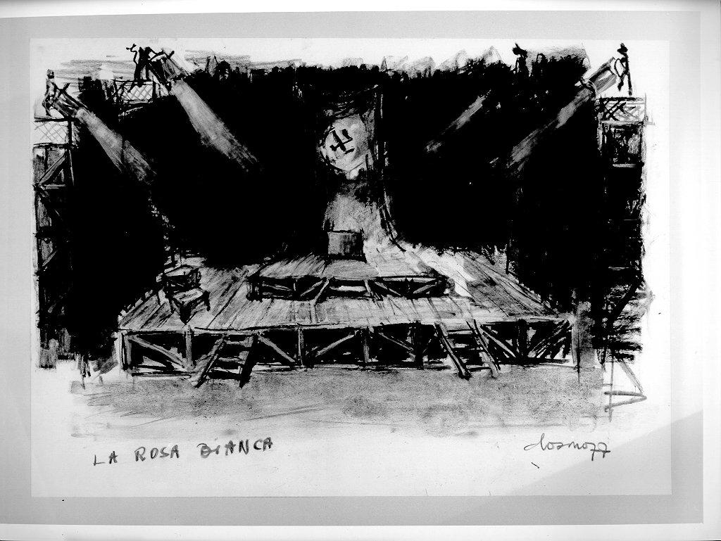 palco su due piani, panche, tralicci con fari, drappo con croce uncinata (disegno, elemento d'insieme) - bottega italiana (sec. XX)