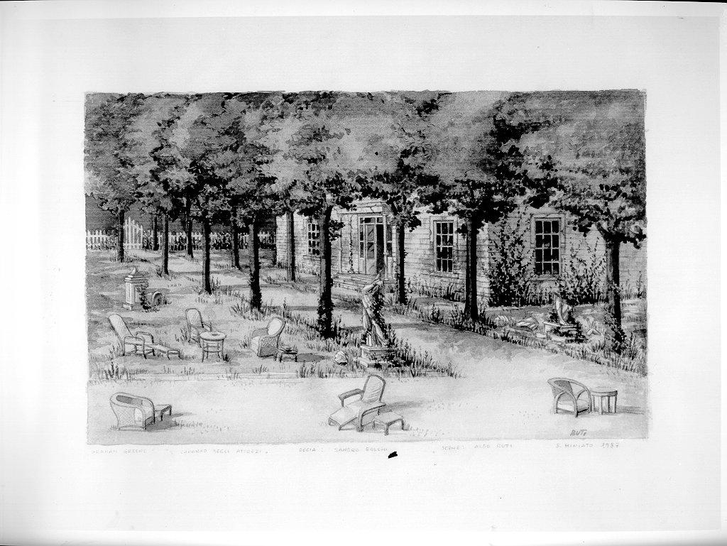 giardino con esterno di edificio (disegno, elemento d'insieme) di Buti Aldo (sec. XX)