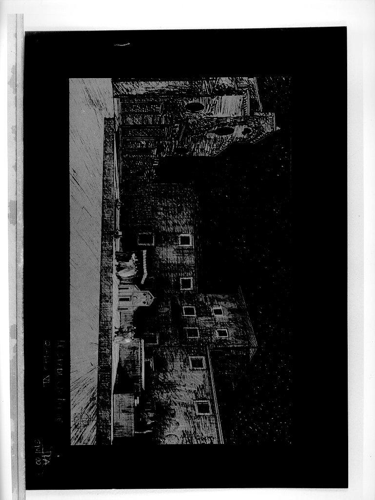 palco con figure, facciata di chiesa e palazzo (disegno, elemento d'insieme) di Spisa Daniele (sec. XXI)