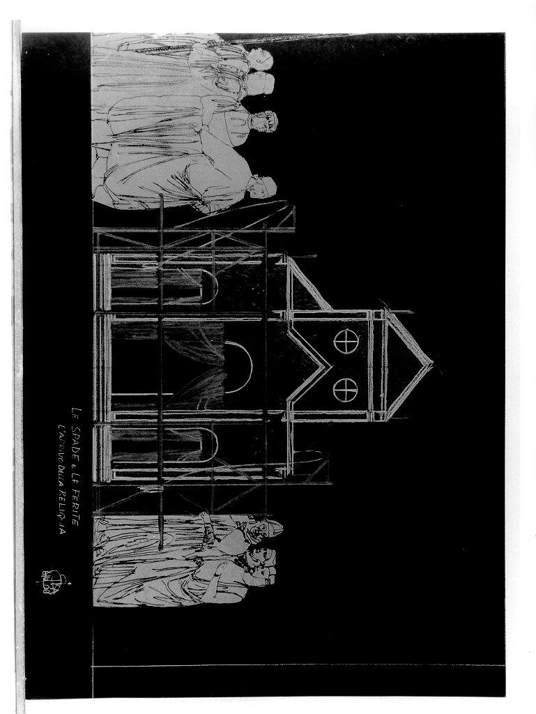 figure attorno alla facciata di una chiesa con tende e carrucole (disegno, elemento d'insieme) di Spisa Daniele (sec. XXI)