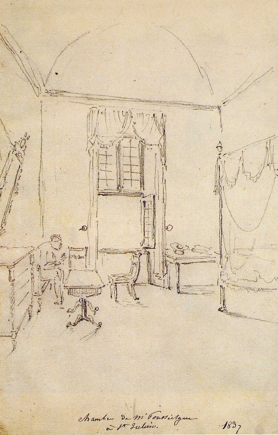 La camera di J. B. E. Poussielgue a San Giuliano, veduta di un interno (disegno, opera isolata) - ambito francese (sec. XIX)