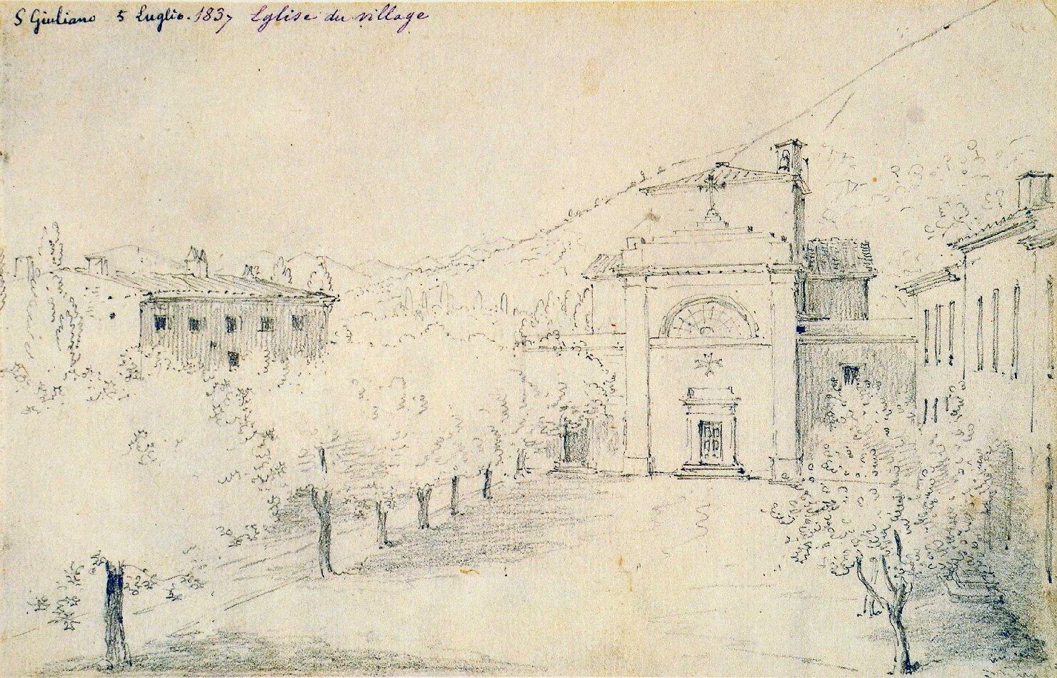 La chiesa dei SS. Ranieri e Luigi a San Giuliano, veduta della chiesa dei SS. Ranieri e Luigi a San Giuliano (disegno, opera isolata) - ambito francese (sec. XIX)