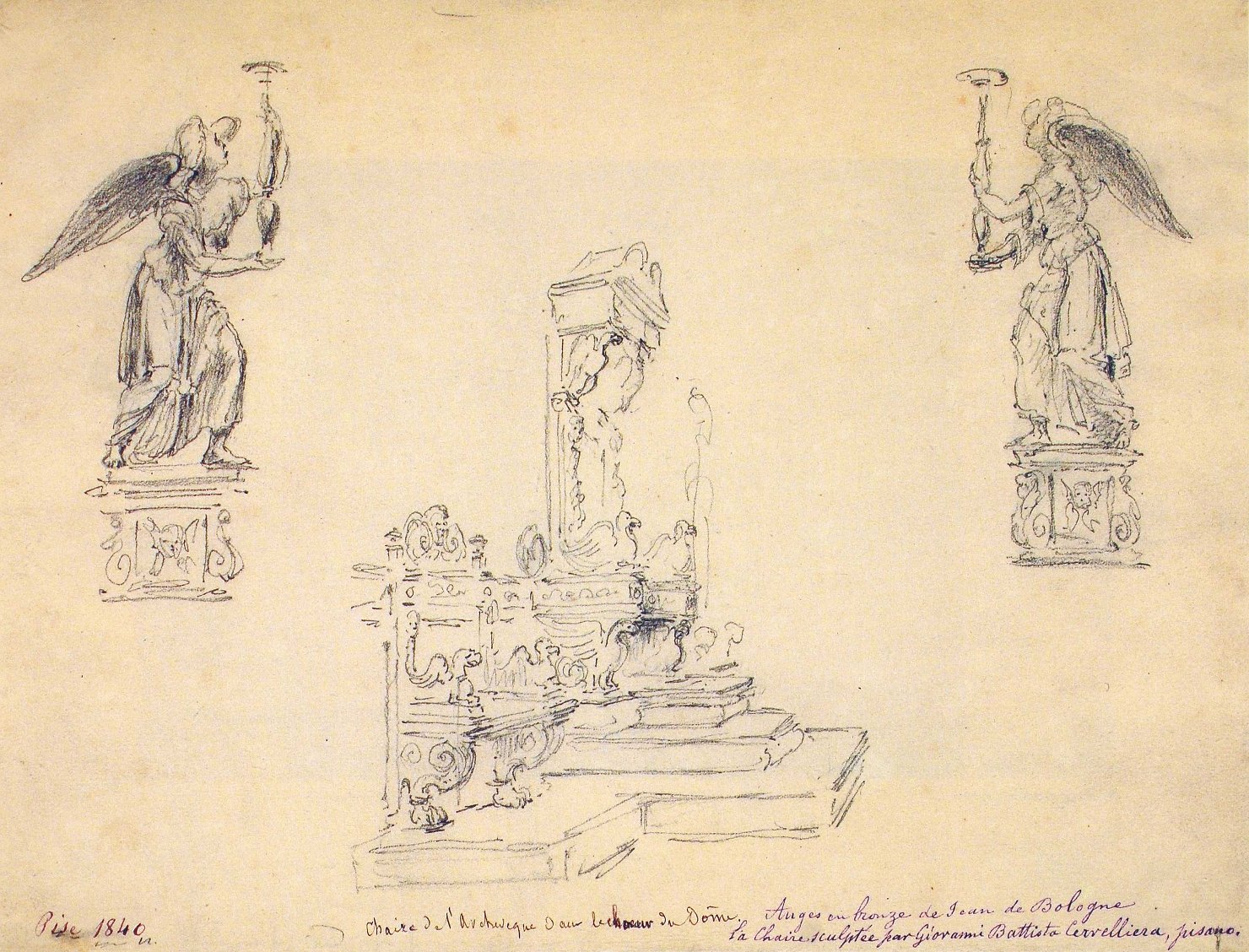 Gli angeli cerofori di Giambologna e il trono arcivescovile di Giovan Battista del Cervelliera in Duomo, angeli cerofori (disegno, opera isolata) - ambito francese (sec. XIX)