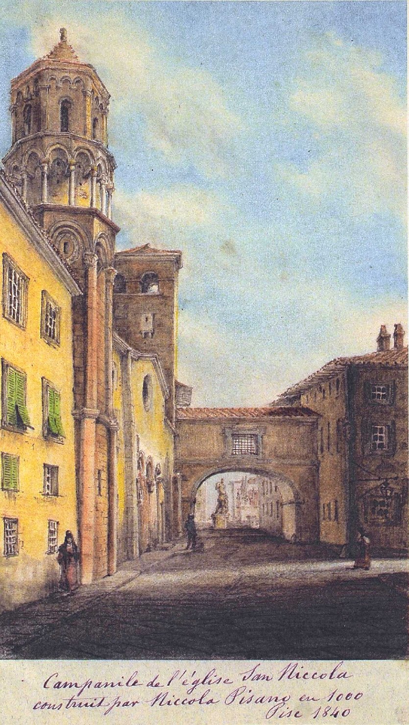 Il campanile della chiesa di San Niccola, veduta di campanile e chiesa (disegno, opera isolata) - ambito francese (sec. XIX)