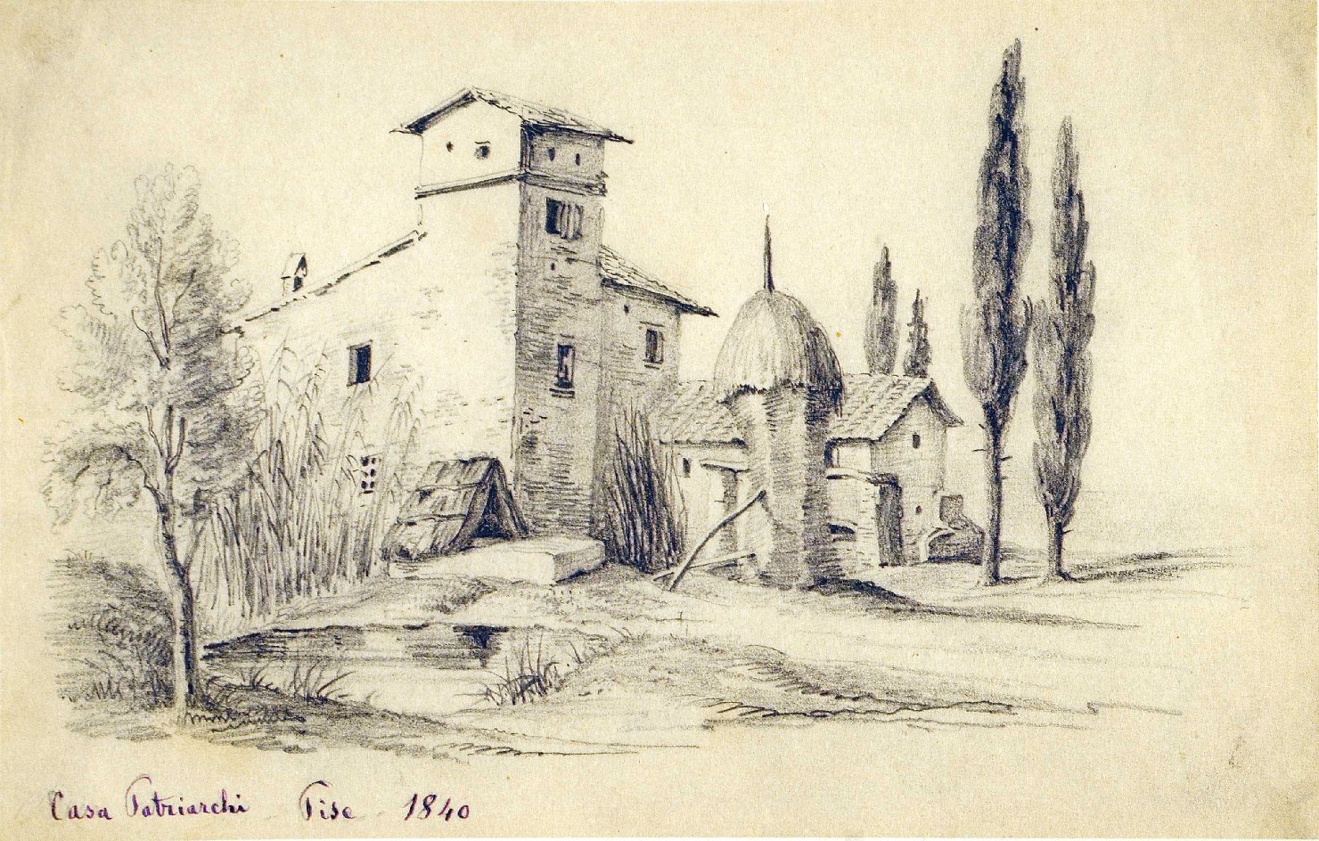 La casa Patriarchi, paesaggio con casa colonica (disegno, opera isolata) - ambito francese (sec. XIX)