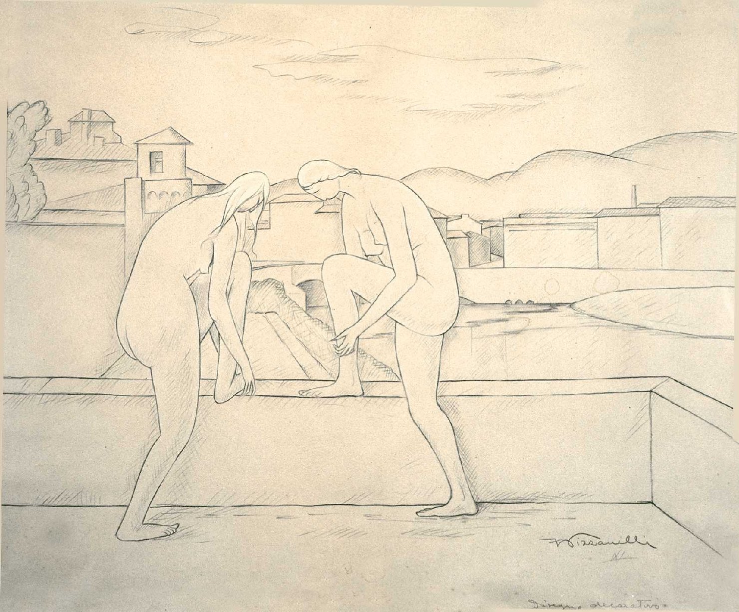 Due nudi, nudi femminili con paesaggio (disegno, opera isolata) di Pizzanelli Ferruccio (sec. XX)