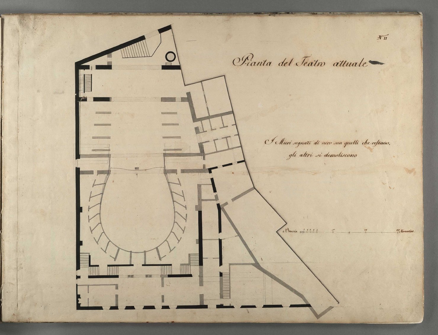 Tav. n. II, Pianta del teatro attuale, pianta del teatro dell'accademia dei Costanti (disegno, insieme) di Gherardesca Alessandro, Niccolini Antonio (sec. XVIII)