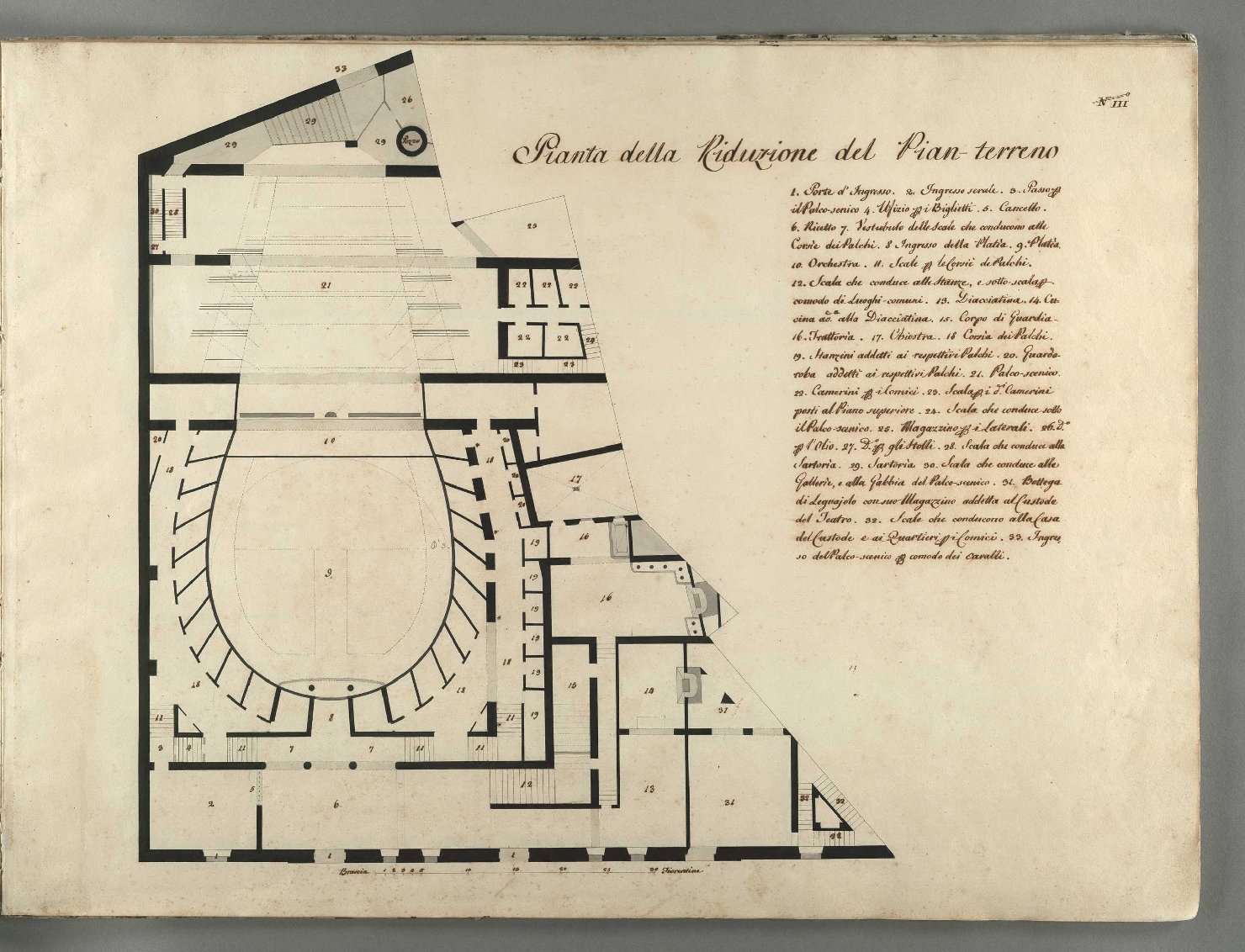 Tav. n. II, pianta della riduzione del pian terreno, pianta del piano terreno del teatro dell'accademia dei Costanti (disegno, insieme) di Gherardesca Alessandro, Niccolini Antonio (sec. XVIII)
