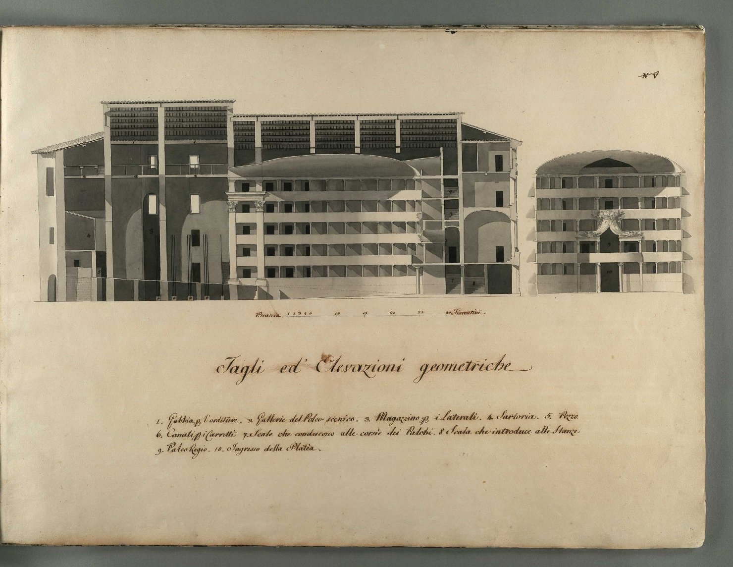 Tav. n. V, Tagli ed elevazioni geometriche, sezione trasversale e longitudinale del teatro dell'accademia dei Costanti (disegno, insieme) di Gherardesca Alessandro, Niccolini Antonio (sec. XVIII)