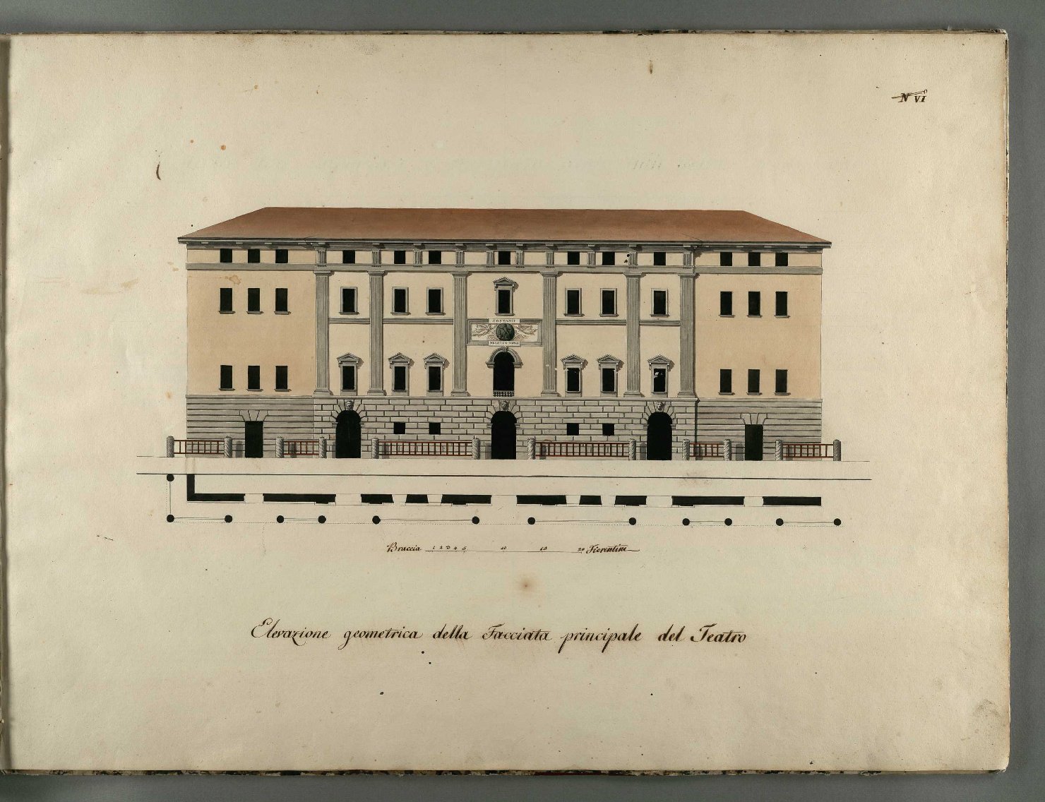 Tav. n. VI, Elevazione geometrica della facciata principale, facciata del teatro dell'accademia dei Costanti (disegno, insieme) di Gherardesca Alessandro, Niccolini Antonio (sec. XVIII)
