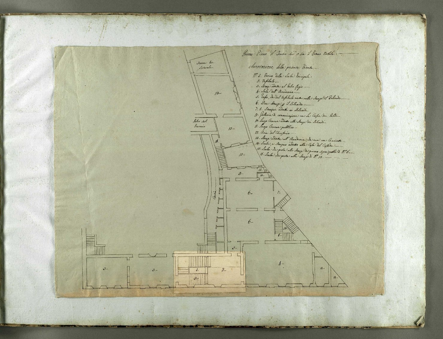 Carta sciolta con sezione e mezza pianta del piano nobile, sezione del teatro e mezza pianta del piano nobile (disegno, insieme) di Gherardesca Alessandro, Niccolini Antonio (sec. XVIII)
