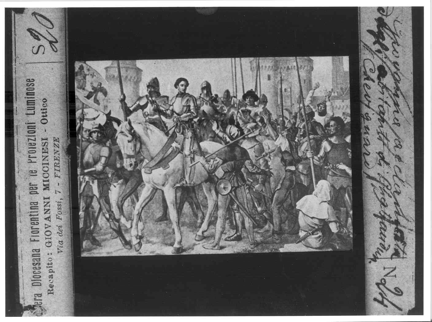 Dipinto raffigurante Giovanna d'Arco a cavallo salutata dalla folla (diapositiva) di Anonimo (XX)