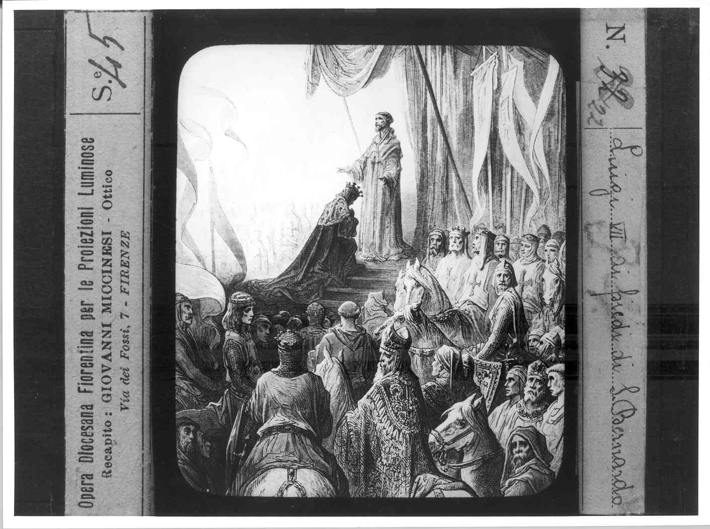 Riproduzione di un stampa illustrante un frate e un sovrano circondati da crociati e religiosi (diapositiva) di Anonimo (XX)