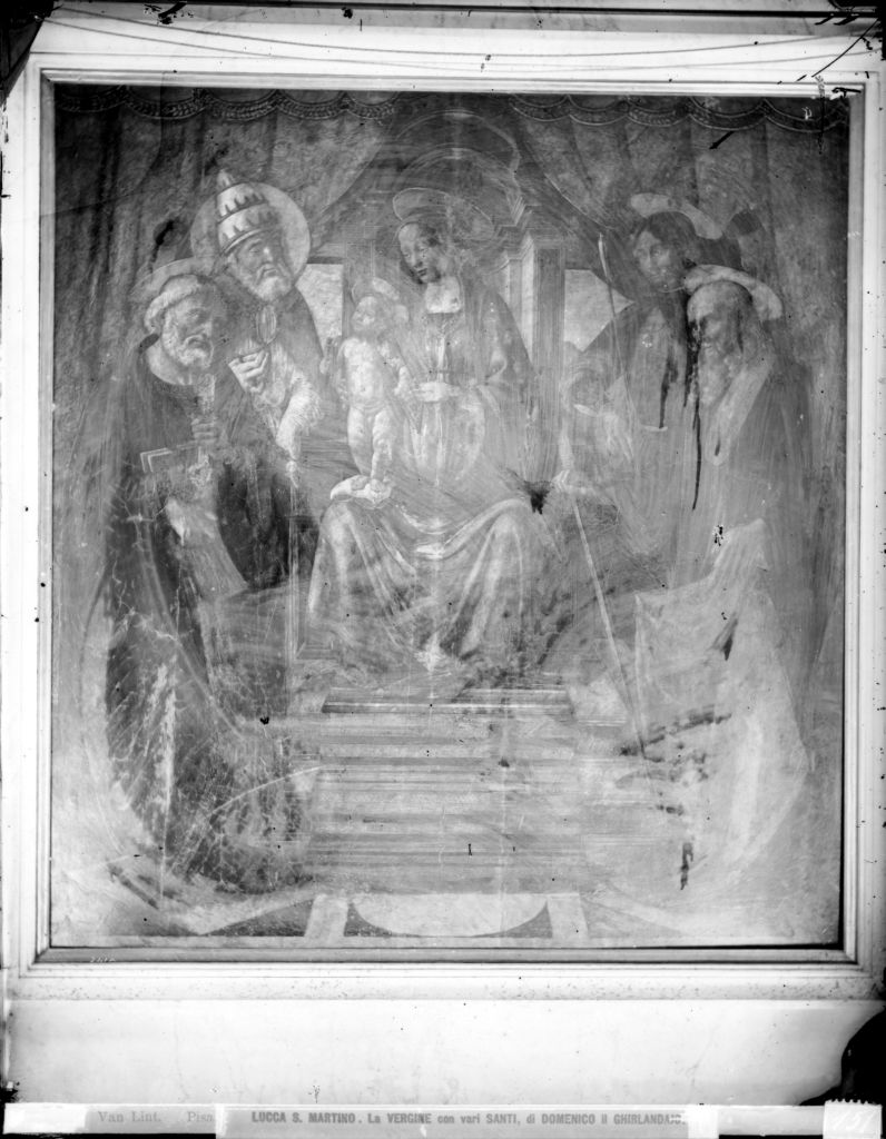 Ghirlandaio, Domenico. Madonna col Bambino fra i SS. Pietro, Clemente, Paolo e Sebastiano - Lucca (negativo) di Ghirlandaio, Domenico, Lint, Enrico van (seconda metà XIX)