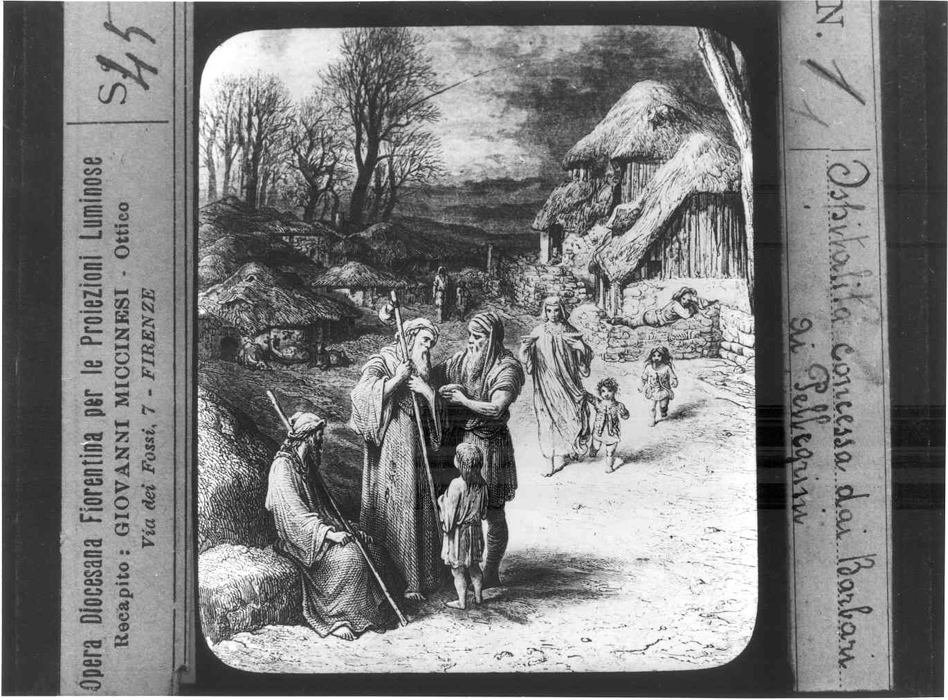 Riproduzione di un stampa illustrante una famiglia che offrelibagioni a due pellegrini (diapositiva) di Anonimo (XX)