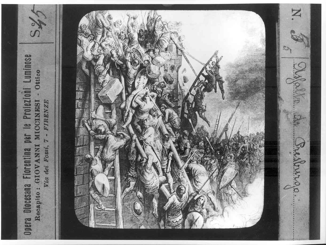 Riproduzione di un stampa illustrante soldati che assalgono le mura di una fortezza (diapositiva) di Anonimo (XX)