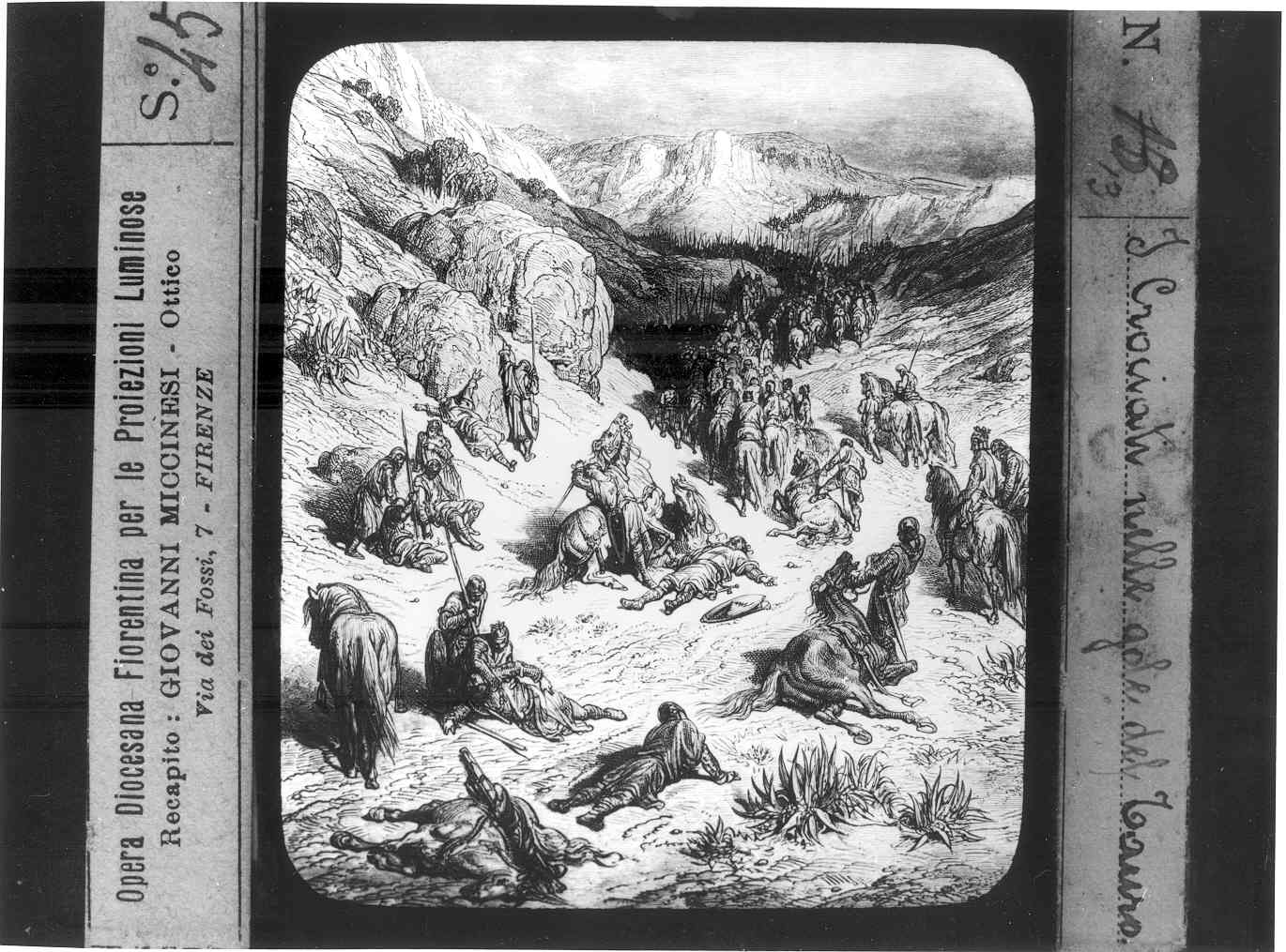 Riproduzione di un stampa illustrante gruppo di crociati in cammino (diapositiva) di Anonimo (XX)