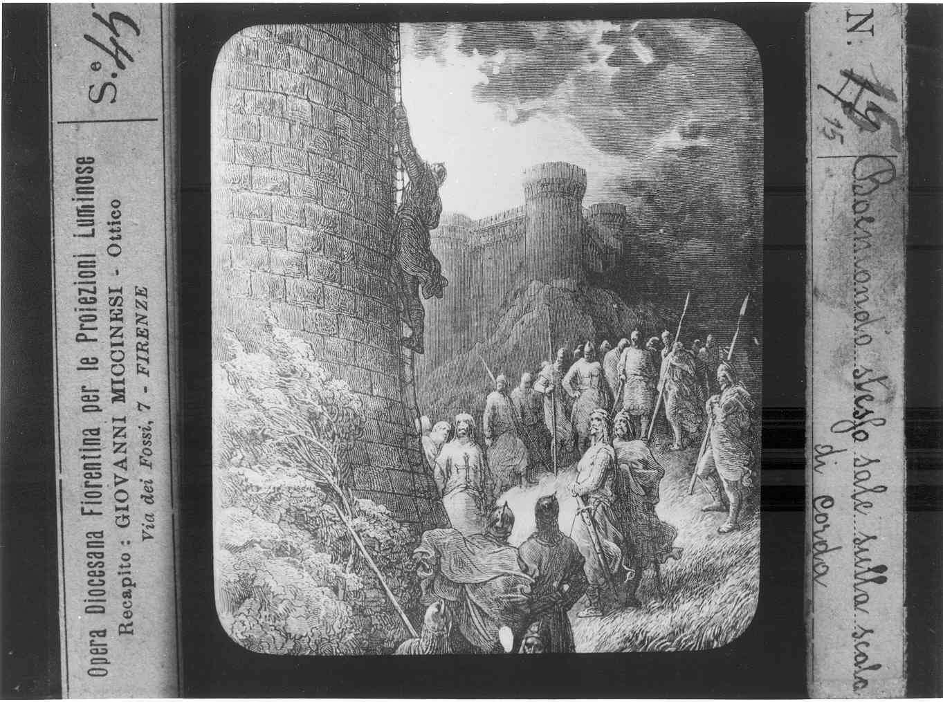 Riproduzione di un stampa illustrante un uomo che sale su una torre guardato da latri crociati (diapositiva) di Anonimo (XX)