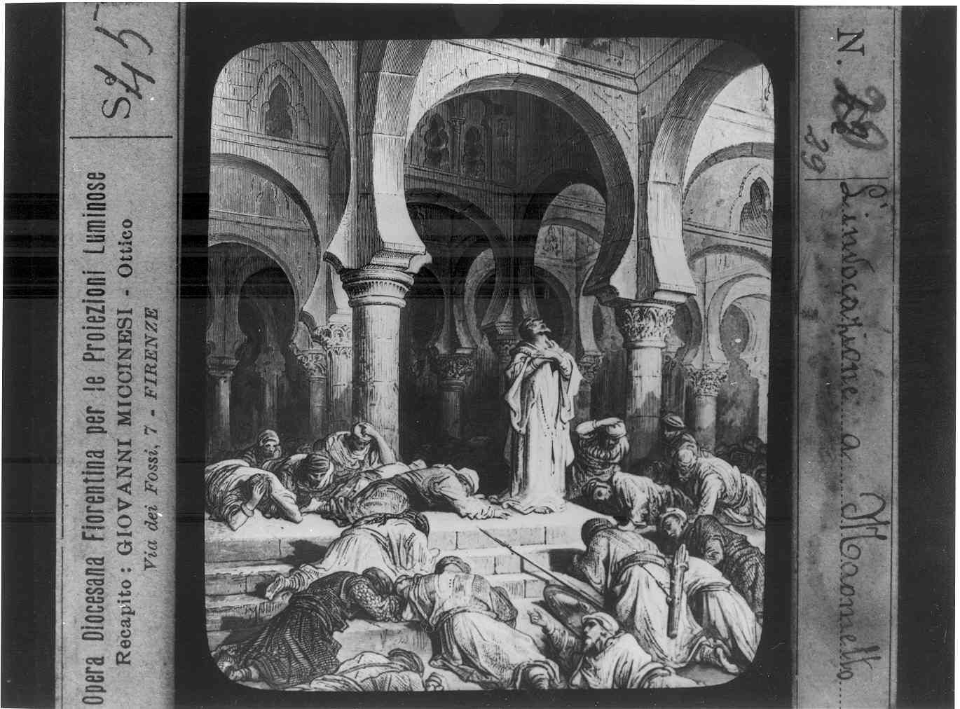 Riproduzione di un stampa illustrante un sacerdote che prega verso il cielo circondato da uomini distesi a terra (diapositiva) di Anonimo (XX)