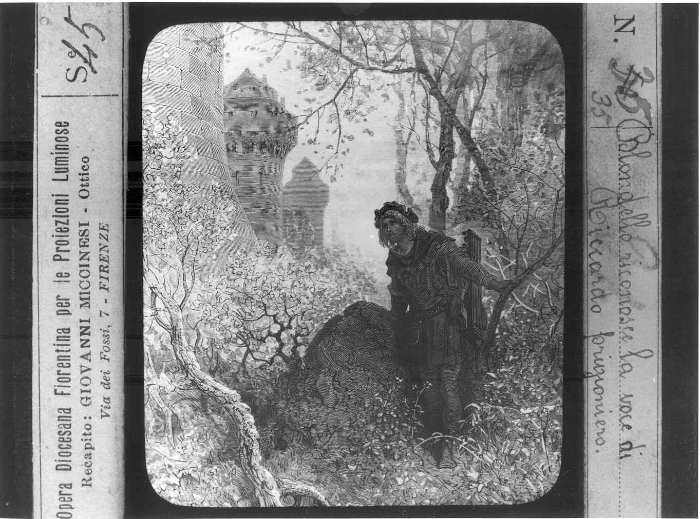 Riproduzione di un stampa illustrante un menestrello vicino ad un castello (diapositiva) di Anonimo (XX)