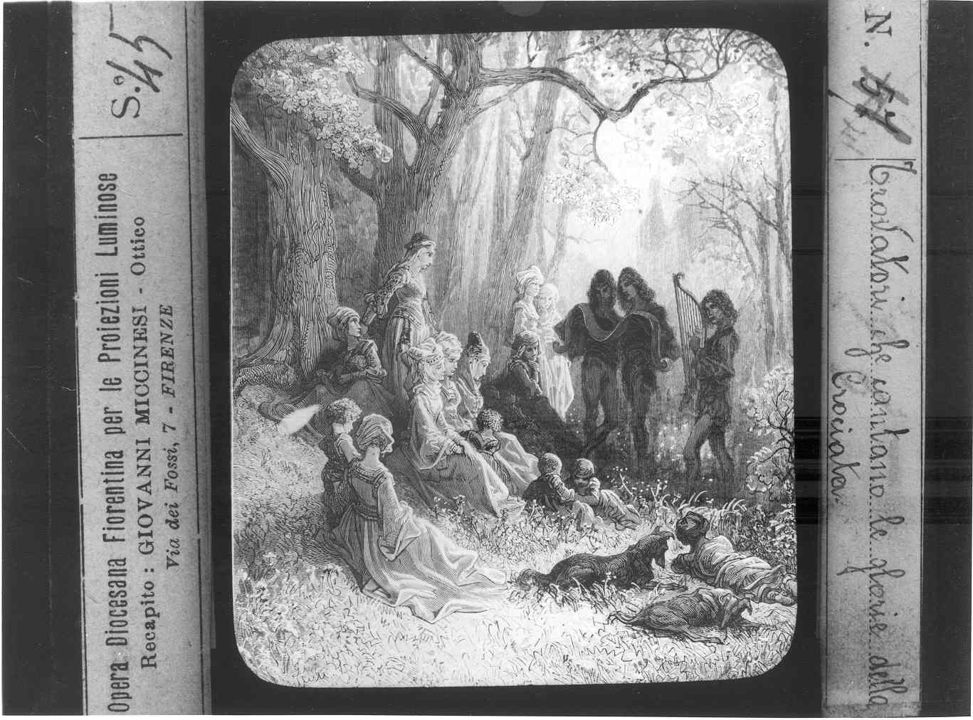 Riproduzione di un stampa illustrante alcuni trovatori che cantano ascoltati da donne e bambini entro un paesaggio campestre (diapositiva) di Anonimo (XX)