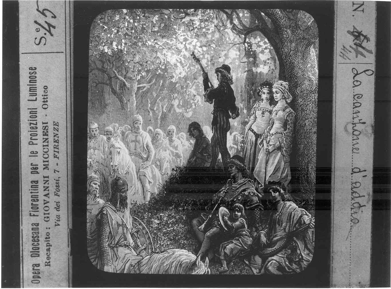 Riproduzione di un stampa illustrante gruppo di menestrelli, figure femminili e crociati (diapositiva) di Anonimo (XX)