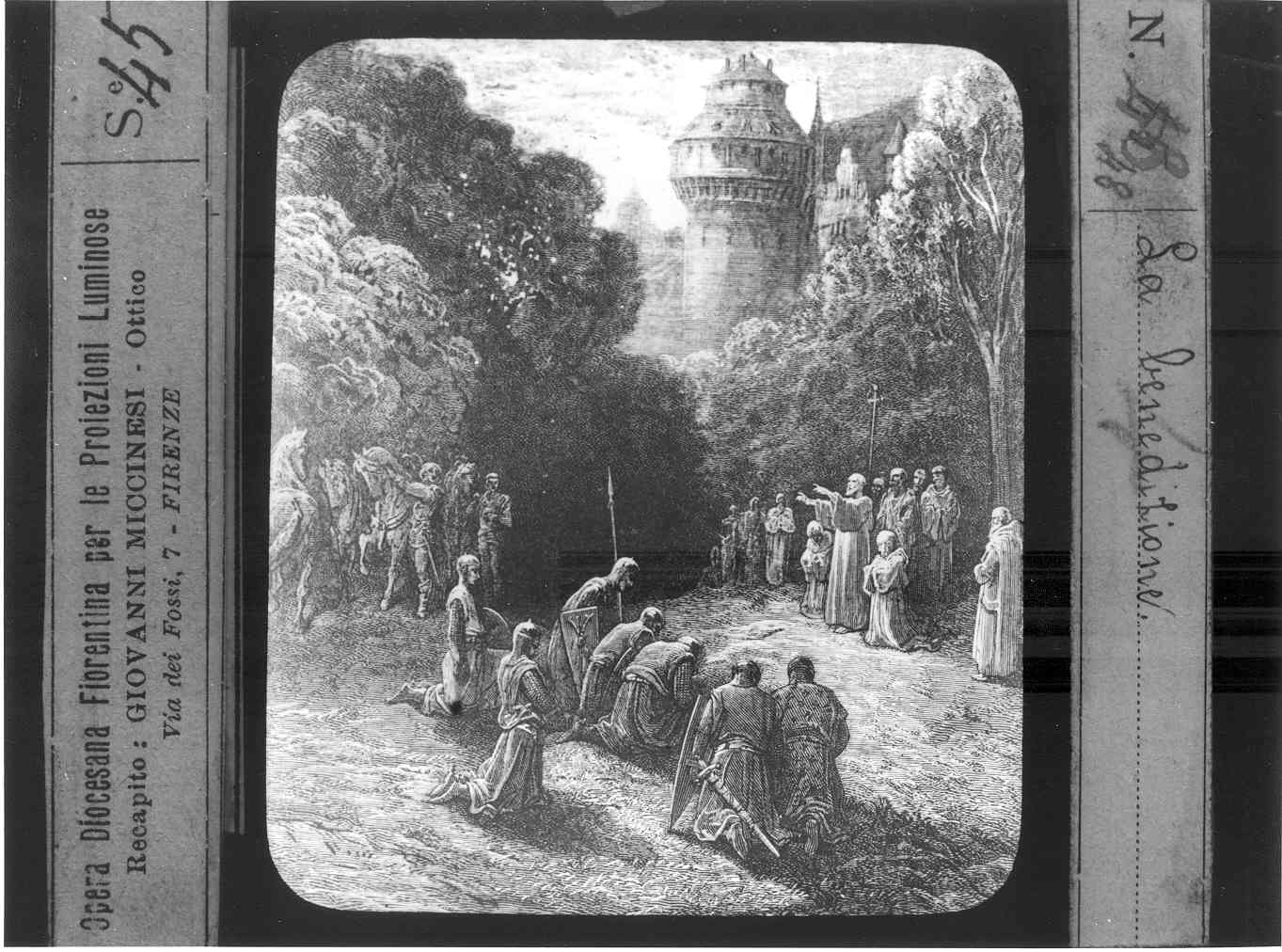 Riproduzione di un stampa illustrante crociati in preghiera con monaci (diapositiva) di Anonimo (XX)