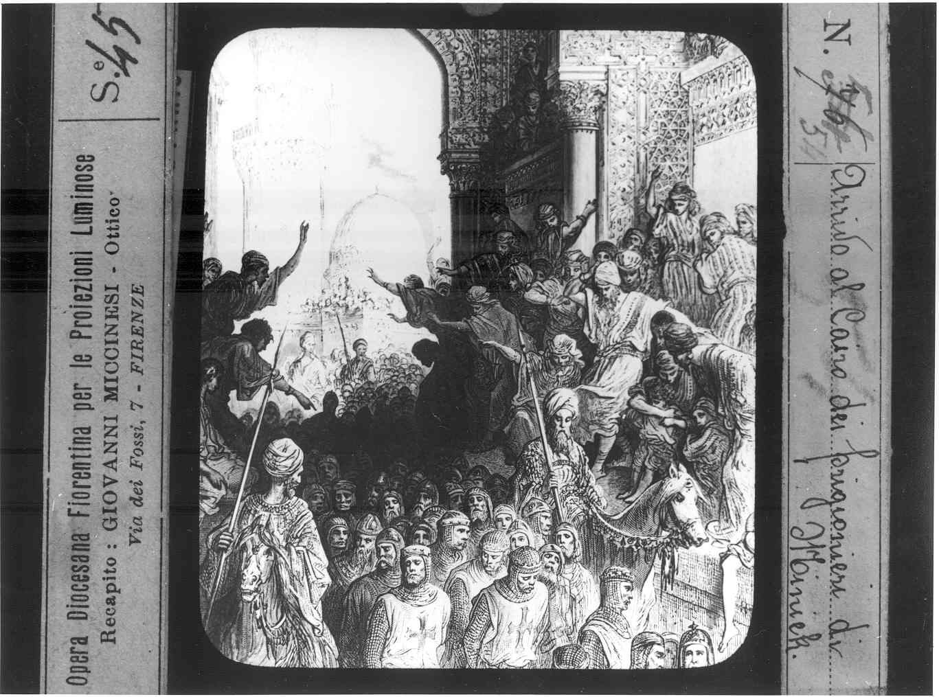 Riproduzione di un stampa corteo di crociati a cavallo circondati da folla (diapositiva) di Anonimo (XX)