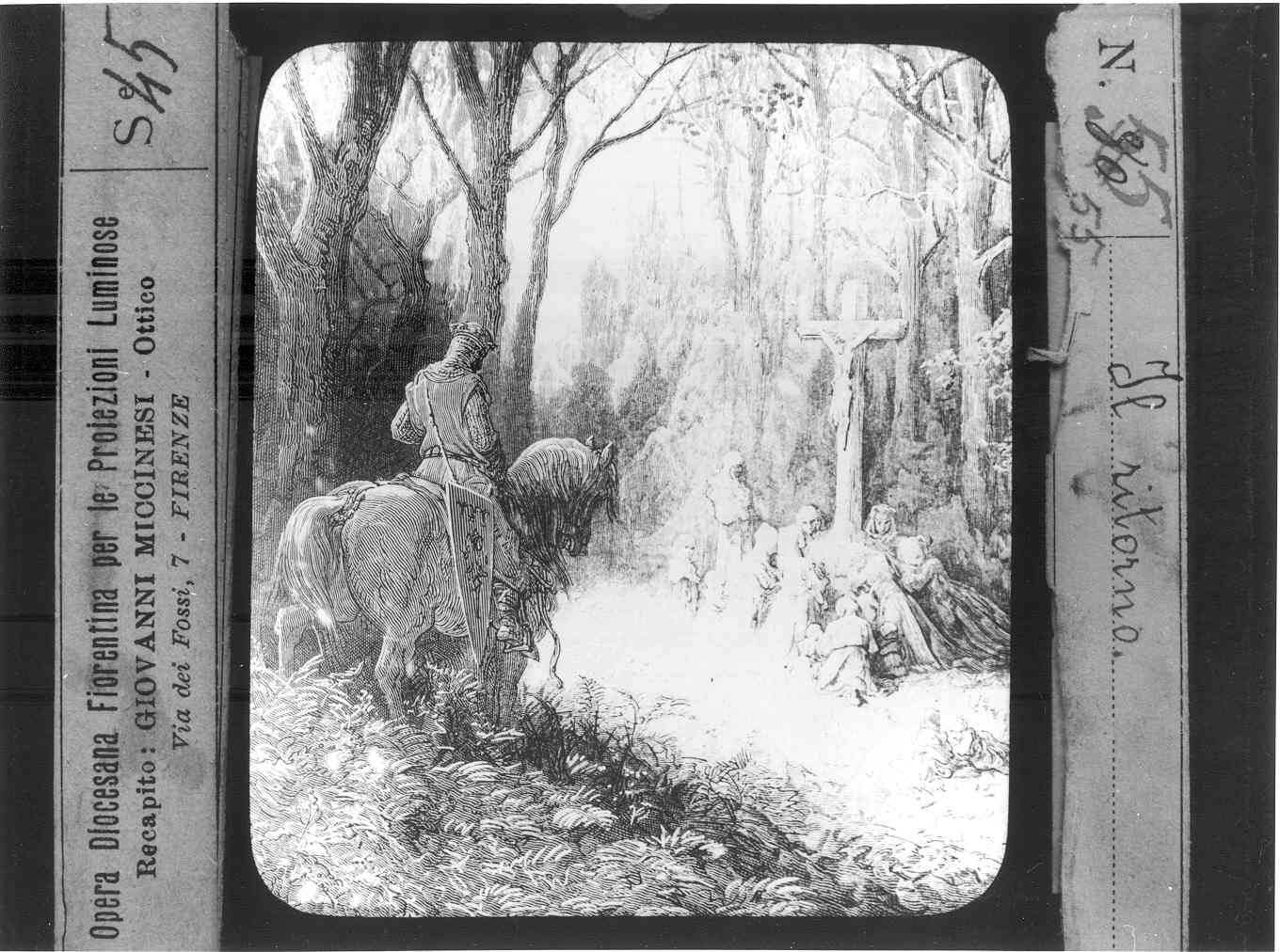 Riproduzione di un stampa raffigurante crociato a cavallo e donne in preghiera (diapositiva) di Anonimo (XX)