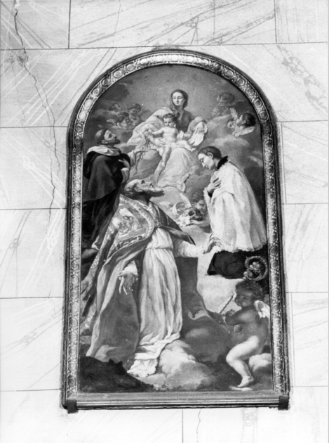 MADONNA DEL ROSARIO CON SAN DOMENICO, SAN LUIGI GONZAGA E SANTO VESCOVO (dipinto) di Giordano Luca (maniera) (sec. XVII)