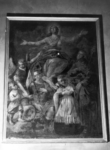 Madonna Assunta Con San luigi Gonzaga, due Santi, bambino ed angelo (dipinto) - ambito toscano (sec. XVIII)