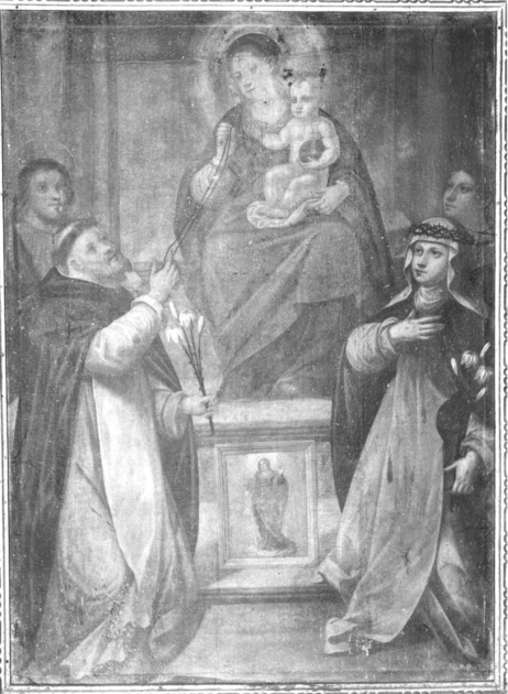 Madonna del Rosario con San Domenico, Santa Caterina da Siena e due Santi (dipinto) - ambito italiano (sec. XVII)