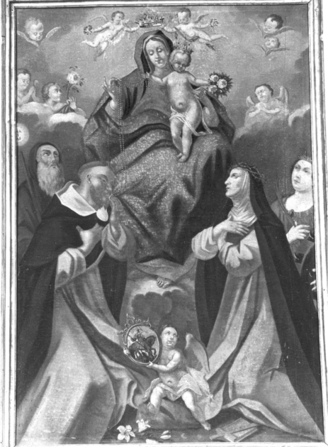 Madonna del Rosario con San Domenico e Santa Caterina da Siena, San Francesco di Paola e Santa Caterina d'Alessandria (dipinto) - ambito italiano (sec. XVII)