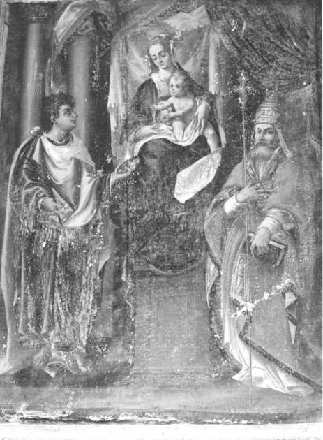 Madonna con Bambino in trono con San Pantaleone e San Clemente papa (dipinto) di Carretta Simone (attribuito) (sec. XVI)