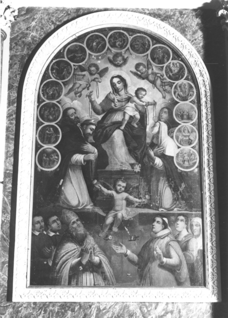 Madonna del Rosario con San Domenico e Santa Caterina, santi e misteri del rosario (dipinto) - ambito lucchese (sec. XVII)