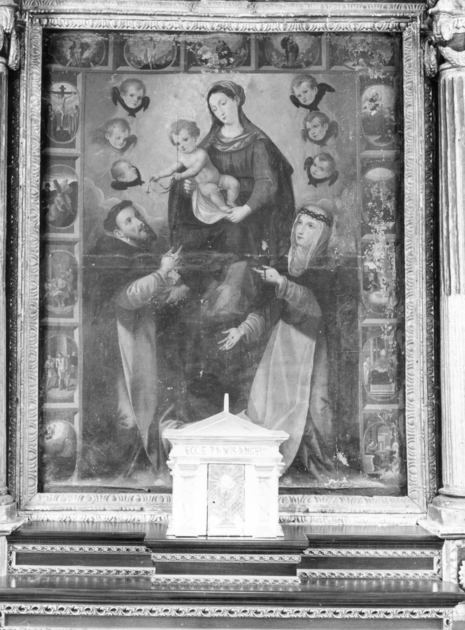 Madonna del Rosario con San Domenico, Santa Caterina da Siena e misteri del rosario (dipinto) - ambito emiliano (?) (sec. XVII)