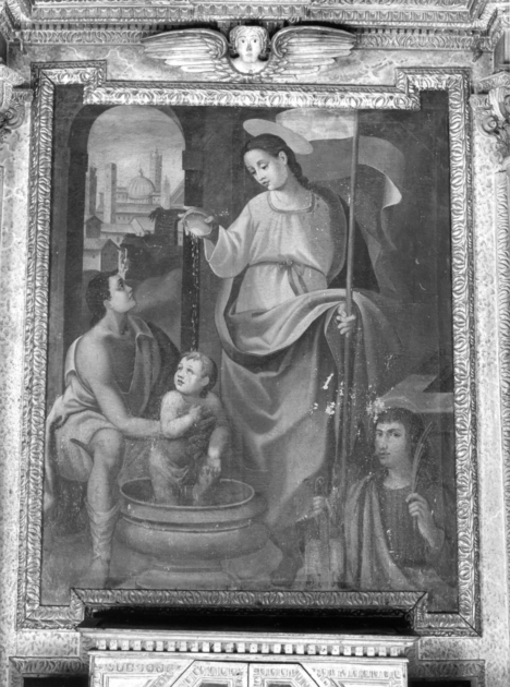 BATTESIMO CON ALLEGORIA DELLA CHIESA (?) E SAN GENESIO (dipinto) - ambito italiano (sec. XVII)