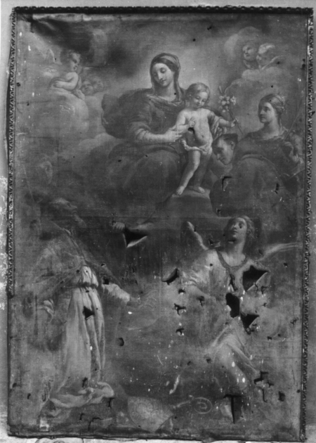 Madonna con Bambino, San Nicola di Bari, San Jacopo, Santa Caterina d'Alessandria, Sant'Antonio da Padova, San Raffaele Arcangelo e Tobia (dipinto) di Marracci Giovanni (sec. XVII)