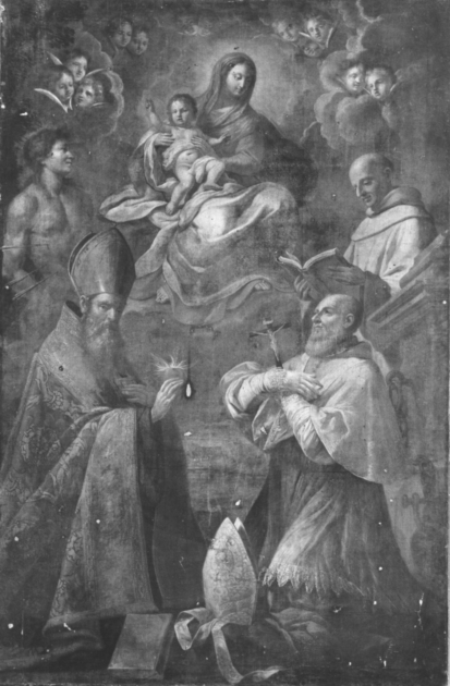 Madonna con Bambino, Santo vescovo, San Sebastiano e due Santi (dipinto) di Scaglia Girolamo (sec. XVII)
