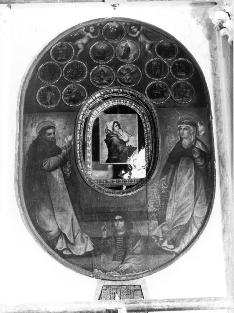 Madonna del Rosario con San Domenico e Santa Caterina, santi e misteri del rosario (dipinto) - ambito toscano (sec. XVII)