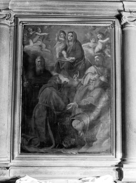 MADONNA CON BAMBINO, SAN FRANCESCO D'ASSISI, SANT'ANTONIO ABATE, SAN LUIGI DI FRANCIA E SANTO CORONATO (dipinto) - ambito italiano (inizio sec. XVII)