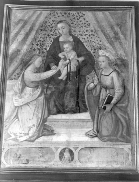 MADONNA IN TRONO CON BAMBINO E DUE SANTE MARTIRI (dipinto) - ambito toscano (inizio sec. XVI)