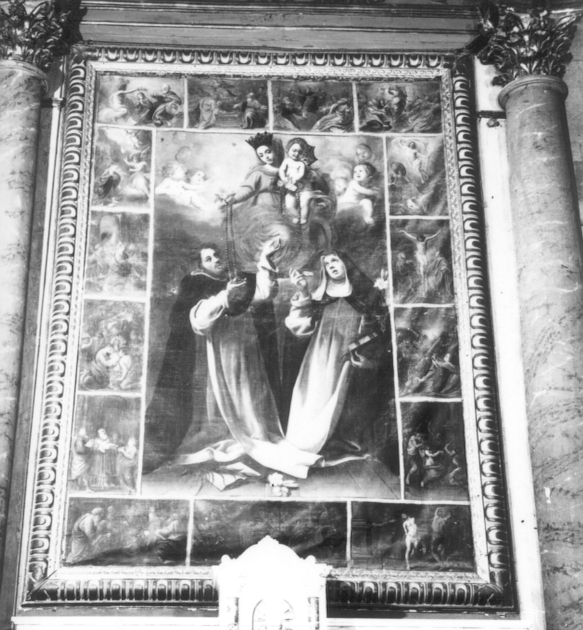 Madonna del Rosario con San Domenico e Santa Caterina, santi e misteri del rosario (dipinto) di Lorenzo di Bartolomeo detto Baccio Ciarpi (sec. XVII)