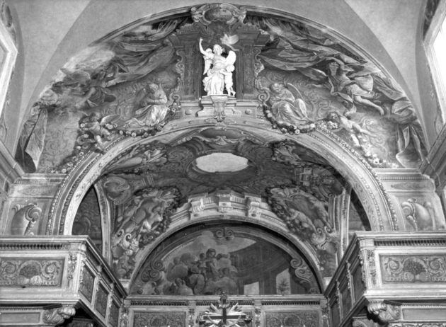 MOTIVI DECORATIVI A FINTI TENDAGGI E ANGELI (dipinto) di Scaglia Girolamo (attribuito) (sec. XVII)